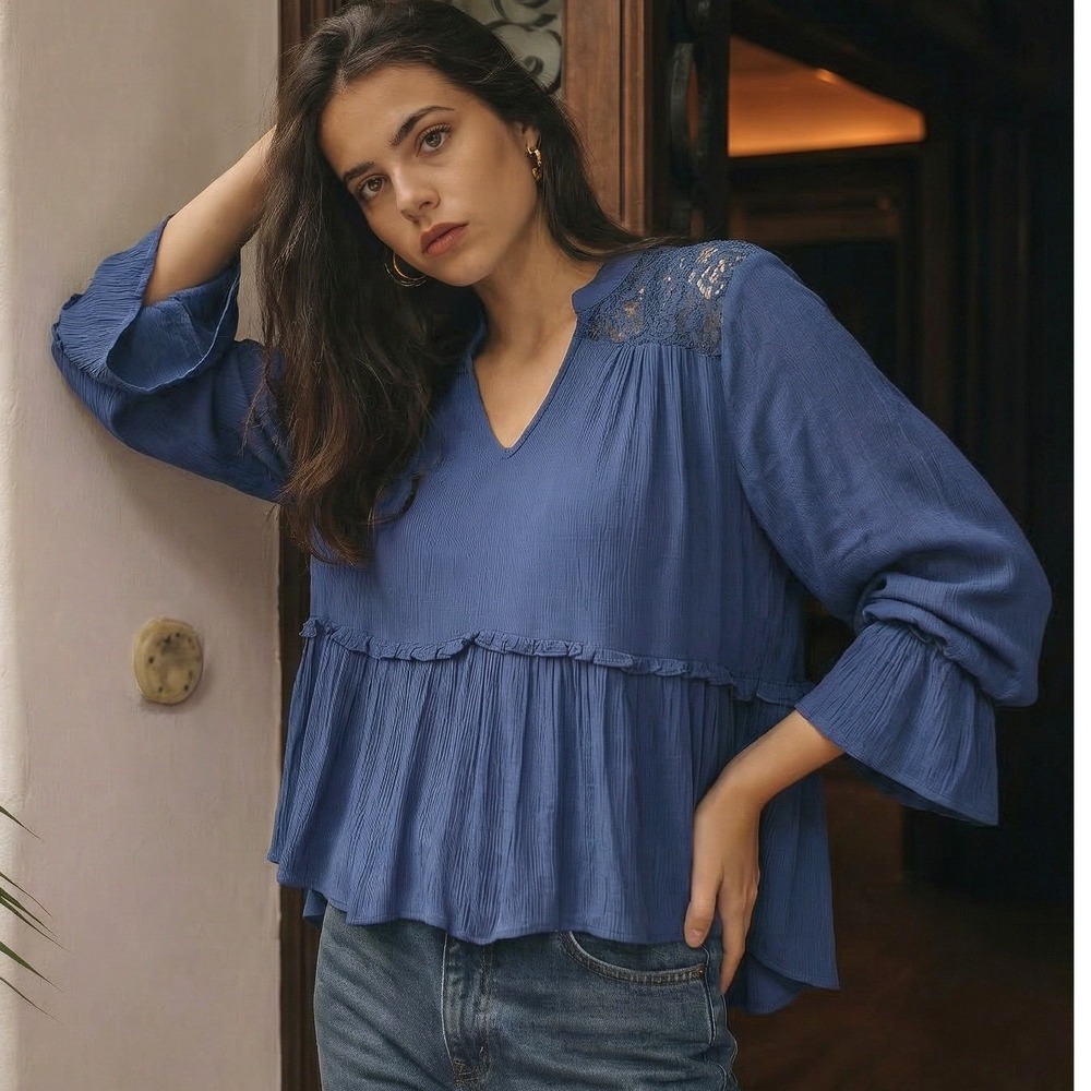 Gypsies‎ & Moondust Peplum Blouse Womens Medium Blue Excellent Lace Boho